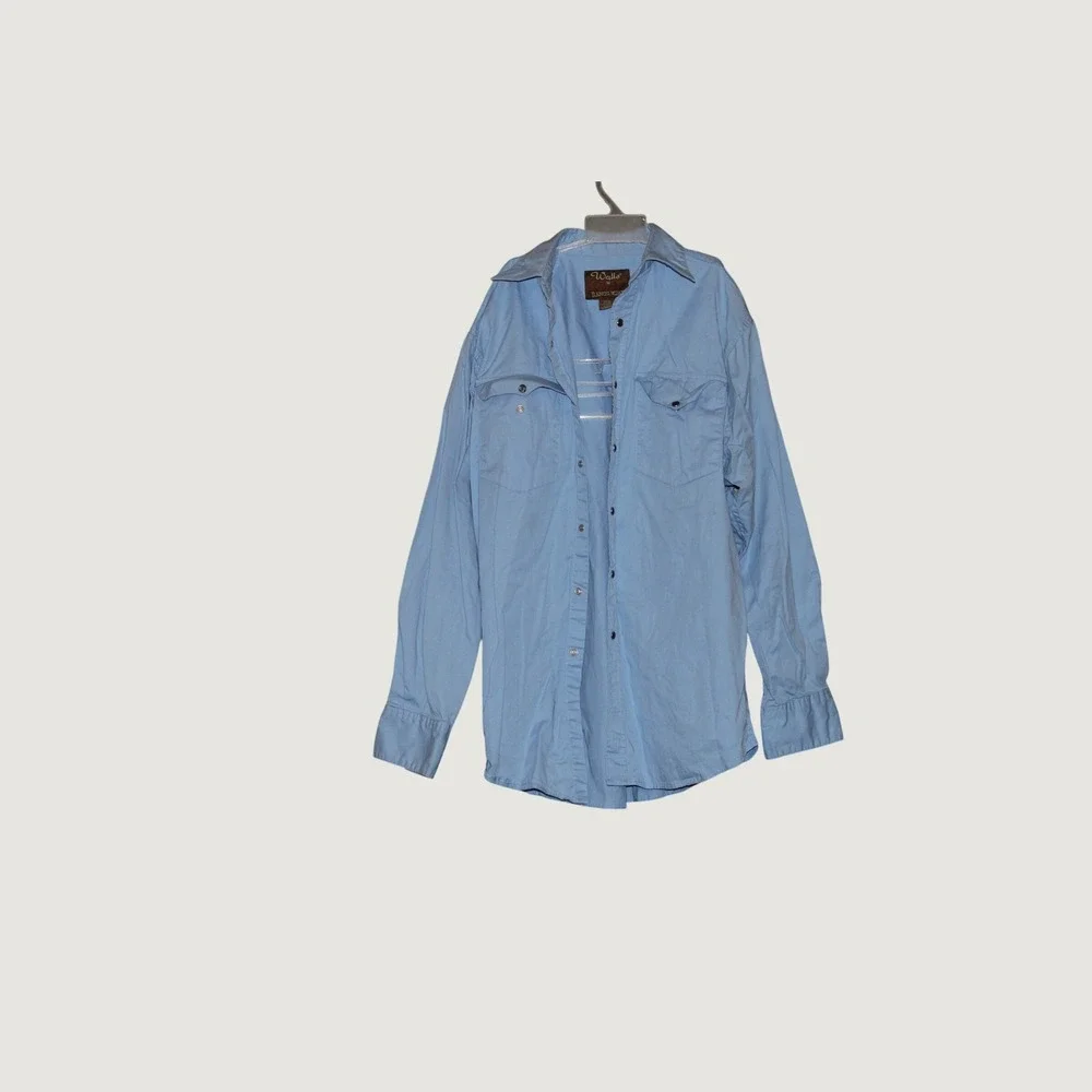 Walls Authentic Ranch Wear Mens Western Snap Shirt Light Blue Cotton Medium